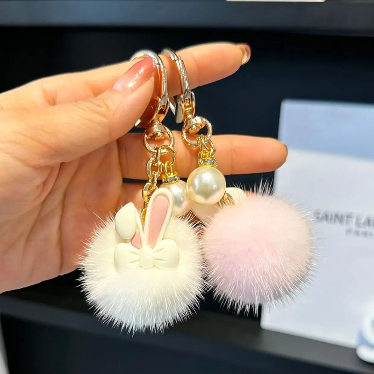 1PC Cute Ball Bunny Car Keychain Pendant Plush Doll with Faux Pearl Bag Gift Handbag Backpack Hanging Jewelry Car Decoration