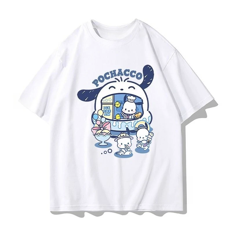 เสื้อยืดลายการ์ตูนโปชาโกะใหม่จากมินิโซ เสื้อยืดผ้าฝ้ายสำหรับผู้หญิงและผู้ชาย สไตล์ซานริโอ้ ใส่สบายๆ ทรงหลวม แขนสั้น สไตล์ Y2K