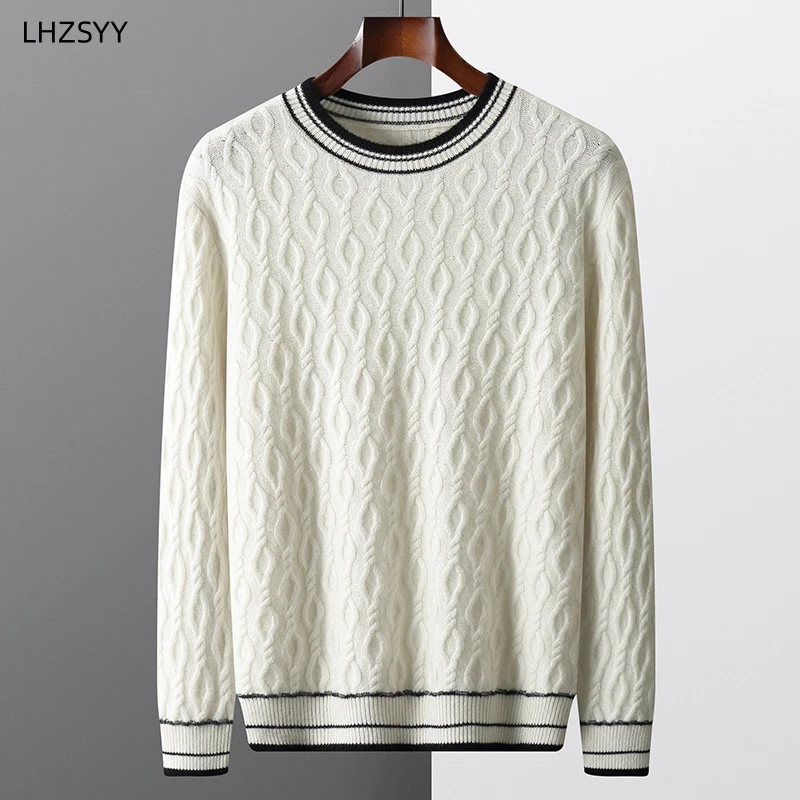 LHZSYY Men's Pure Cashmere Sweater Twisted Thick O-Neck Pullover Youth Loose Base Shirt Winter New Striped Knit Warm Jacket Tide