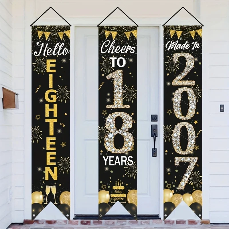 

Набор из 3 баннеров для двери на 18-летие, 2D, черно-золотые подвесные таблички для крыльца, украшения для вечеринки в честь дня рождения взрослого