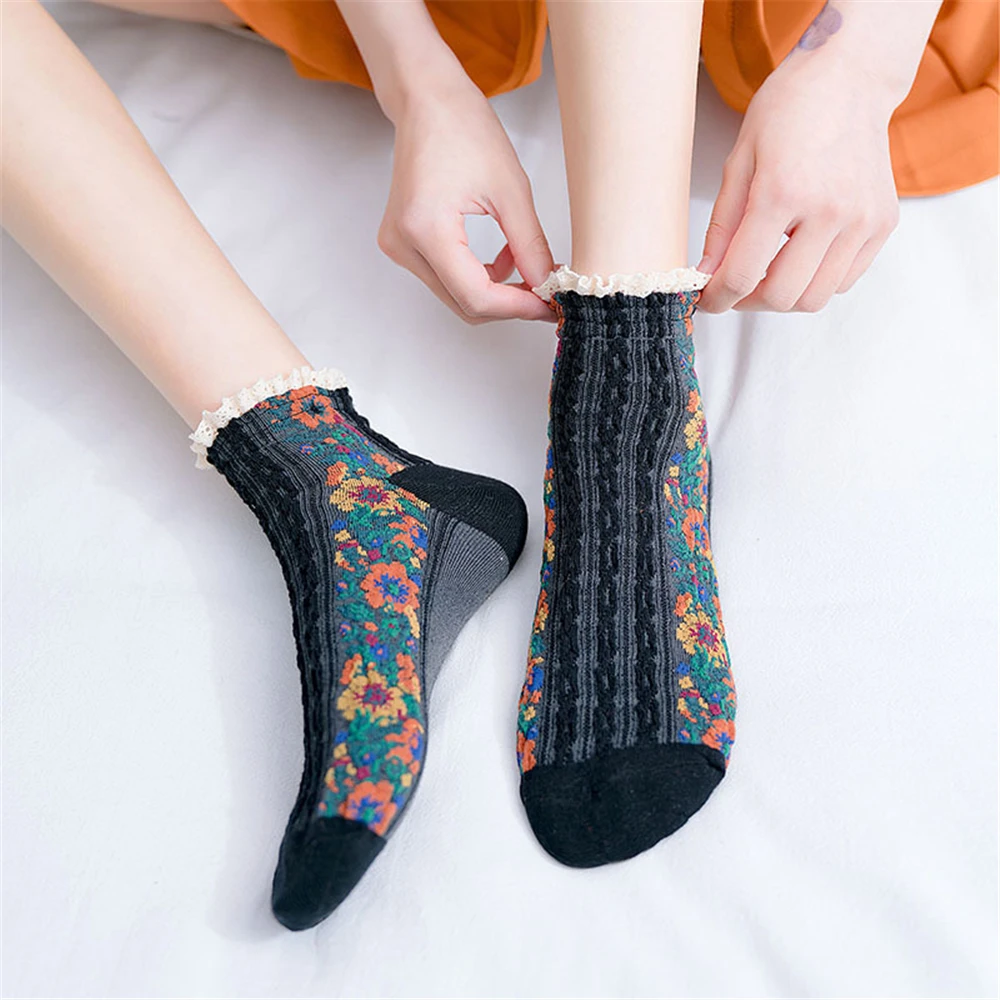 Summer Spring Ethnic Style Rose Curly Lace Cotton Short Twist Pattern Cute Fresh Japanese Retro Floral Ankle Socks Lolita Palace
