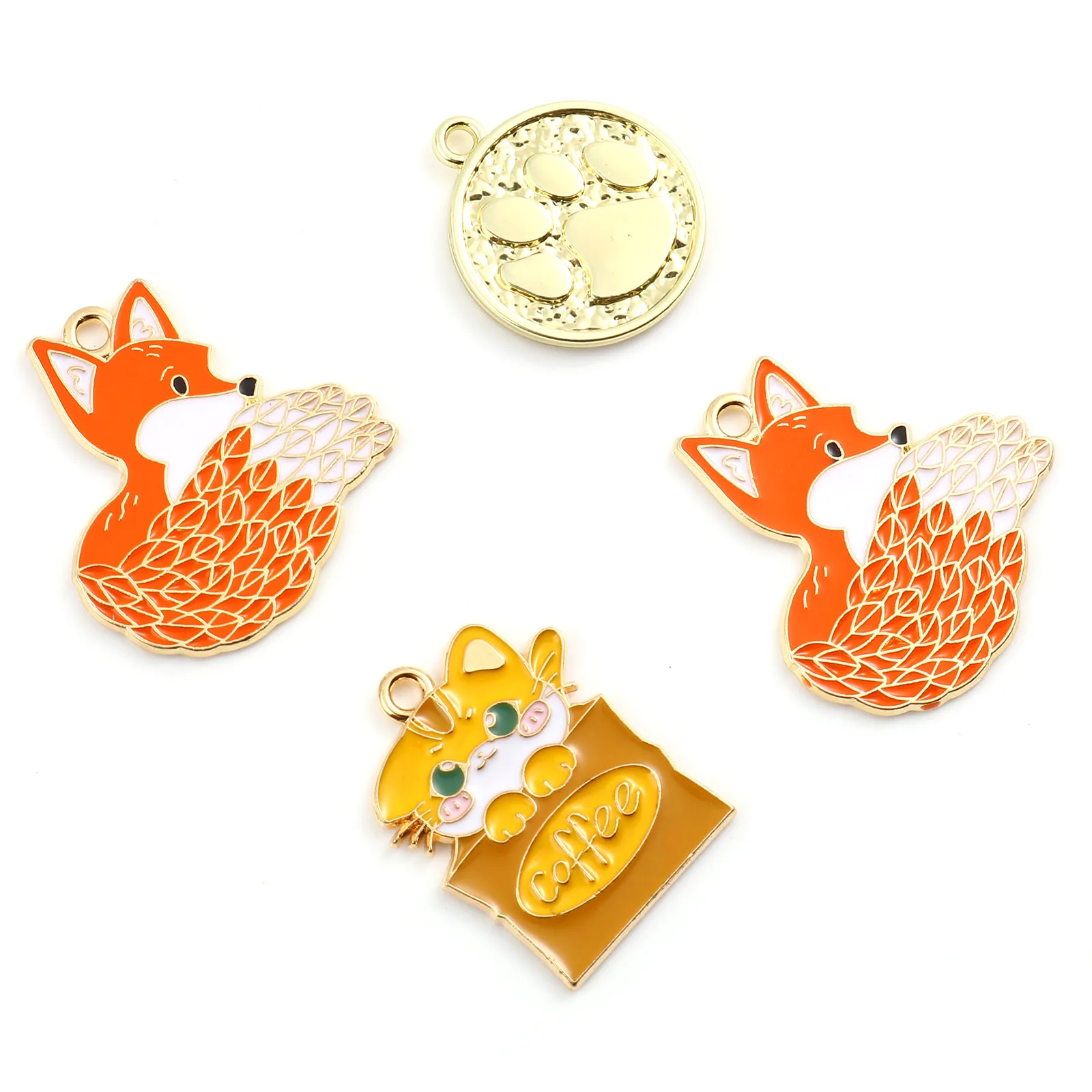 5PCs Cute Cartoon Fox Tiger Animal Cat Paw Enamel Charms Gold Color Metal Pendants DIY Making Necklace Bracelets Jewelry Finding