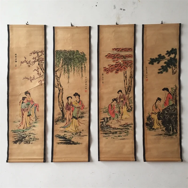 China Old Scroll Painting, Four Screen Paintings, Middle Hall Hanging Painting,Talented women's calligraphy and painting
