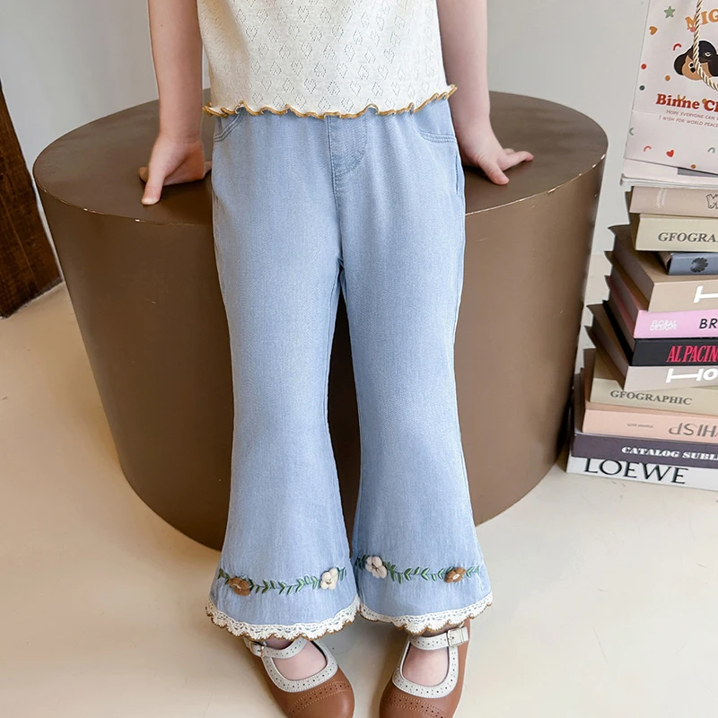 

2026 Summer Girls' Embroidered Jeans New Spring Children's Bell bottom Pants Autumn Baby Flower Jeans