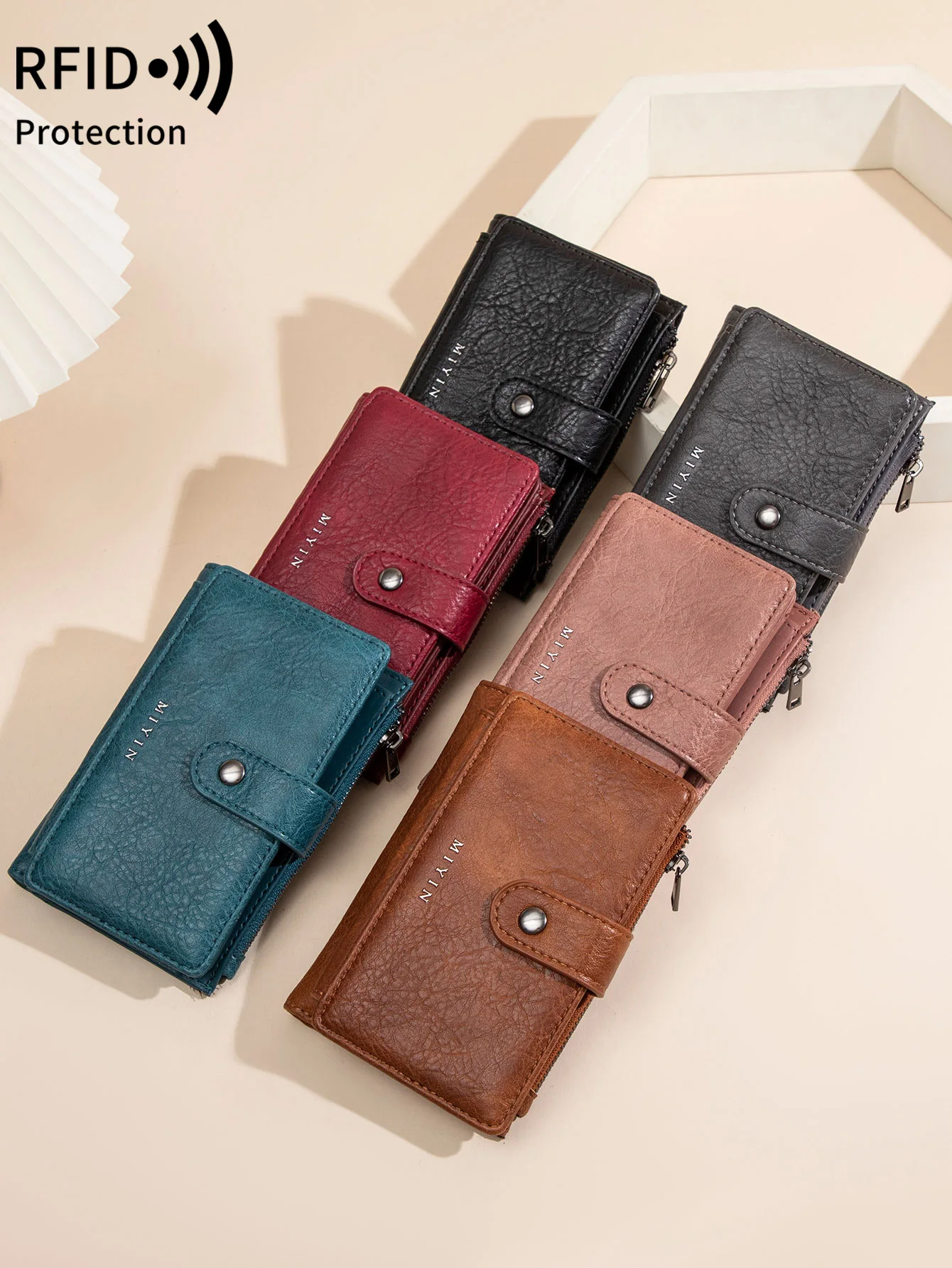 MIYIN RFID anti-theft brush retro three fold women\'s short wallet PU leather multi card slot wallet multifunctional zero wallet