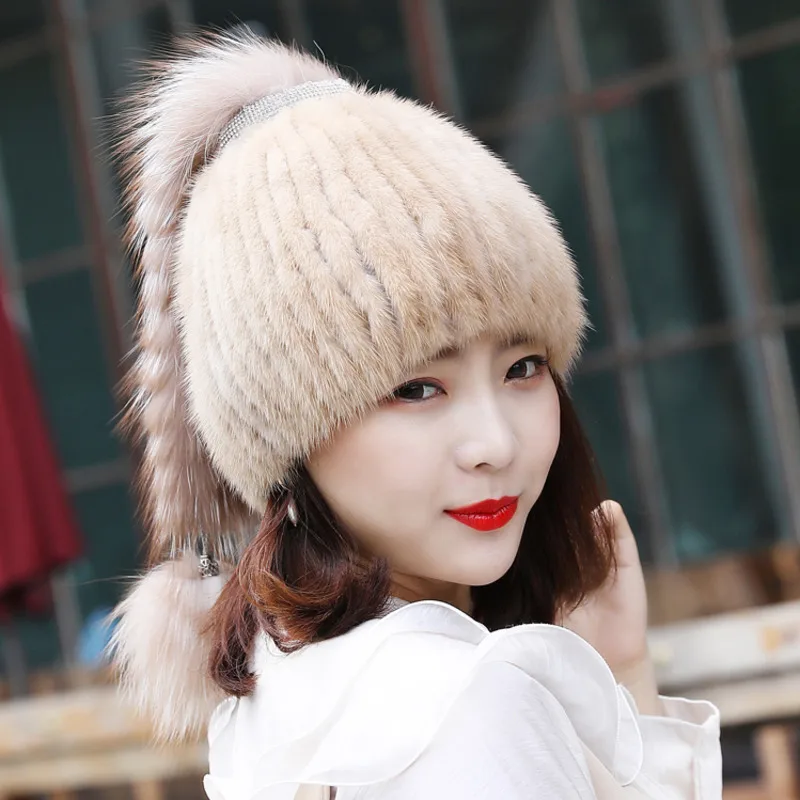 Mink Fur Hat Women Winter Fur Hat With Fox Tail Warm Ear Protection Cap Fluffy Natural Fur Hat Luxury Knitted Real Mink Fur Hat