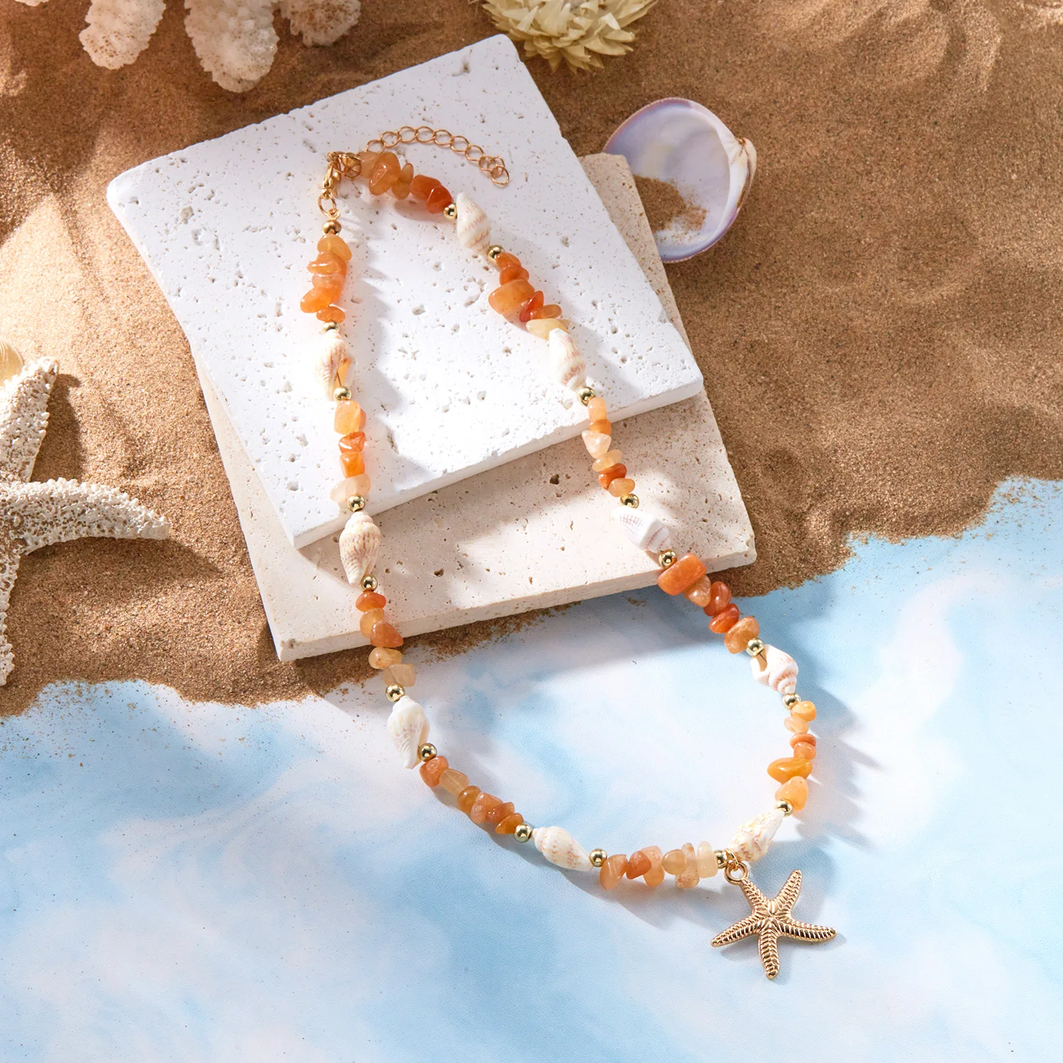 Boho Muschel Rosa Stein Choker Halskette für Frauen Goldfarben Seestern-Anhänger Strand-Schmuck für Sommerurlaub Y2K Ästhetisches Geschenk – Detail 10