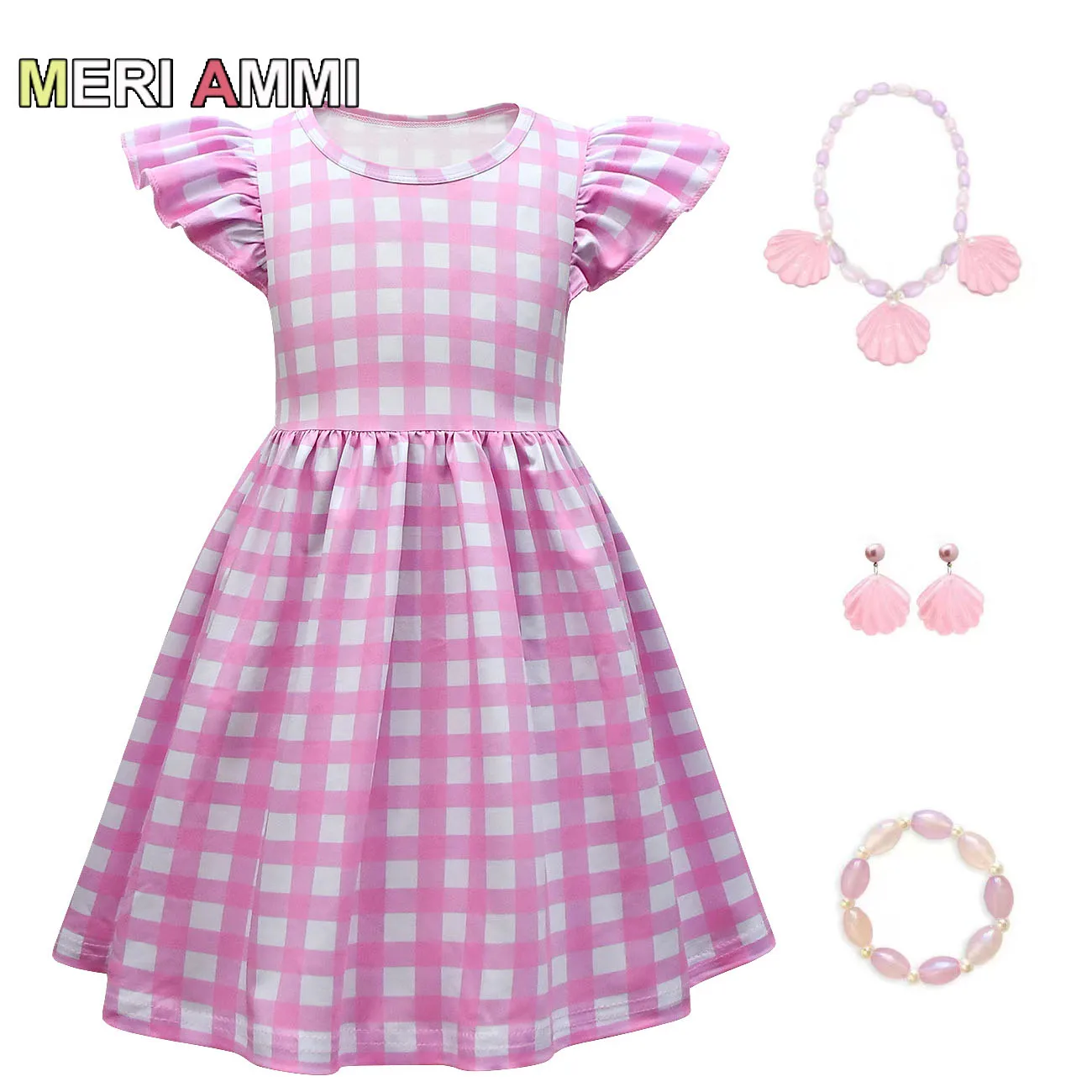 Meri Ammi Princess Cosplay Pink Plaid Dressing Up For 2-10 Year Beach Vacation Party