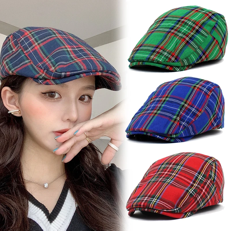 Fashion Fine Stripe Lattice Berets Hat Women Men Spring Summer Plaid Visors Red Green Blue Duckbill Herringbone Flat Cap