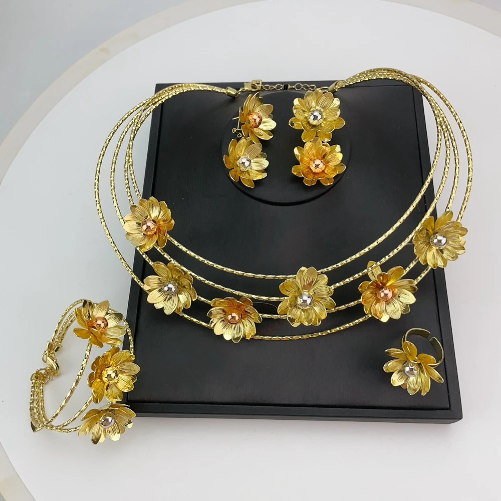 EMMA مجموعة مجوهرات برازيلية فاخرة مطلية بالذهب للنساء مجوهرات الزفاف المصنوعة يدويًا على شكل زهرة إكسسوارات حفلات أعياد الميلاد