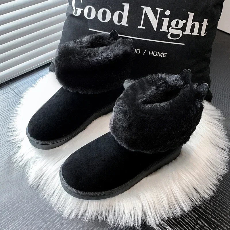 Women Snow Boots Thick Sole Cute Bunny Ears Suede Shoes for Women Keep Warm Sleeve Low Heels  Platform Shoes Outdoor Botas Mujer