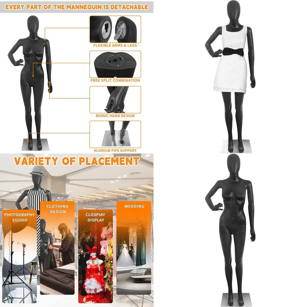 

70-дюймовый регулируемый черный мужской манекен со съемными руками, пластиковым корпусом и металлическим основанием