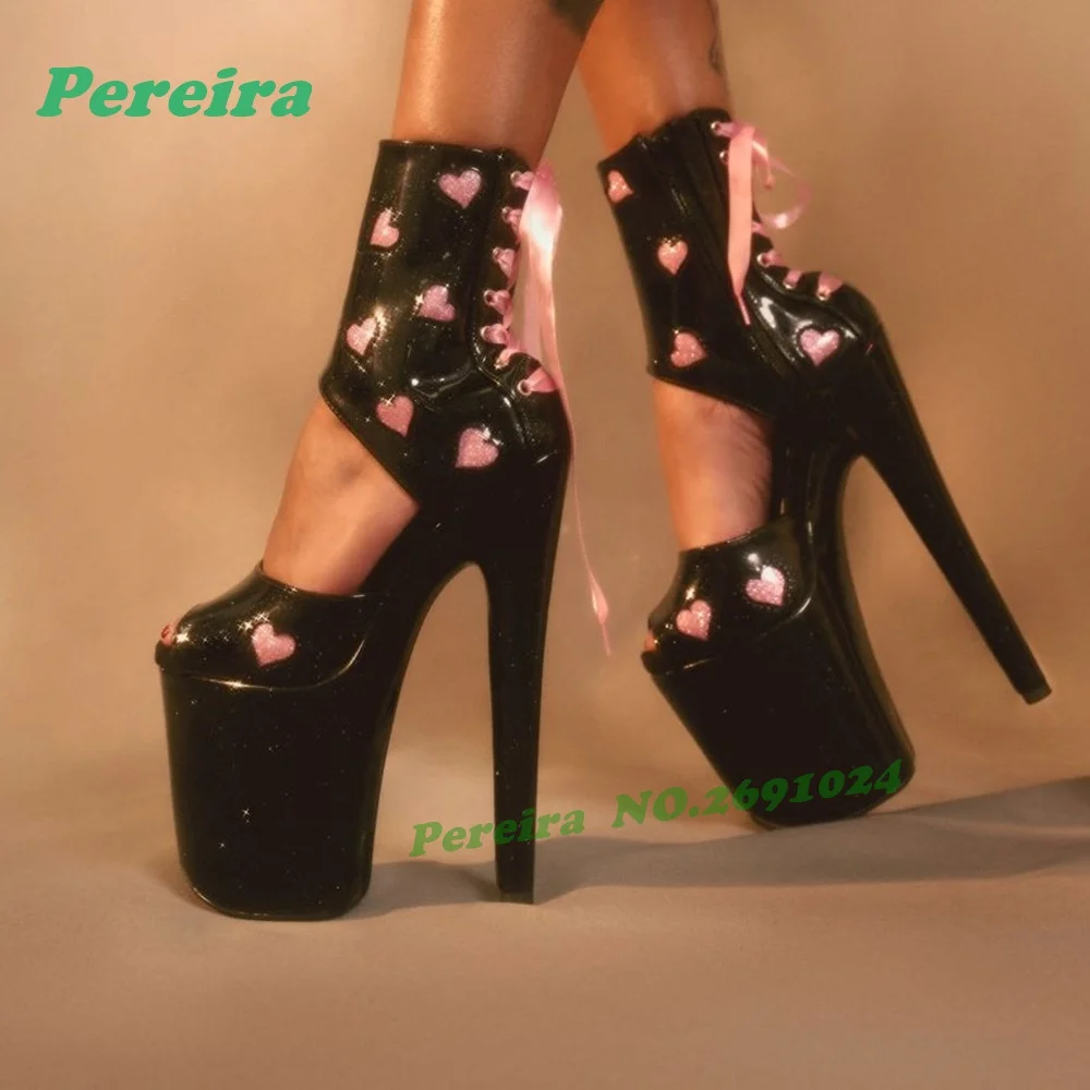 Black Glitter Pink Heart Platform Sandals Patchwork Stiletto Heels Glossy Pole Dance Shoes Lace-Up Nightclub Sexy Sandals Open - view 4