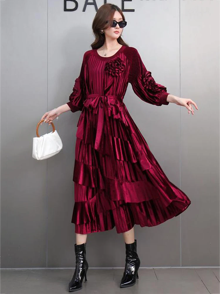 SHENGPALAE Evening Party 3D Flowers Dresses Women Round Collar A Line Lace-up Solid Color New 2024 Irregular Ruffles Dress 5G274