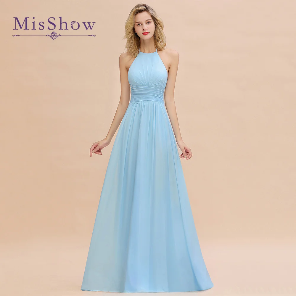 

MisShow Glamorous Halter Backless Long Bridesmaid Dresses with Pleated A Line Chiffon Prom Evening Gowns For Wedding Party