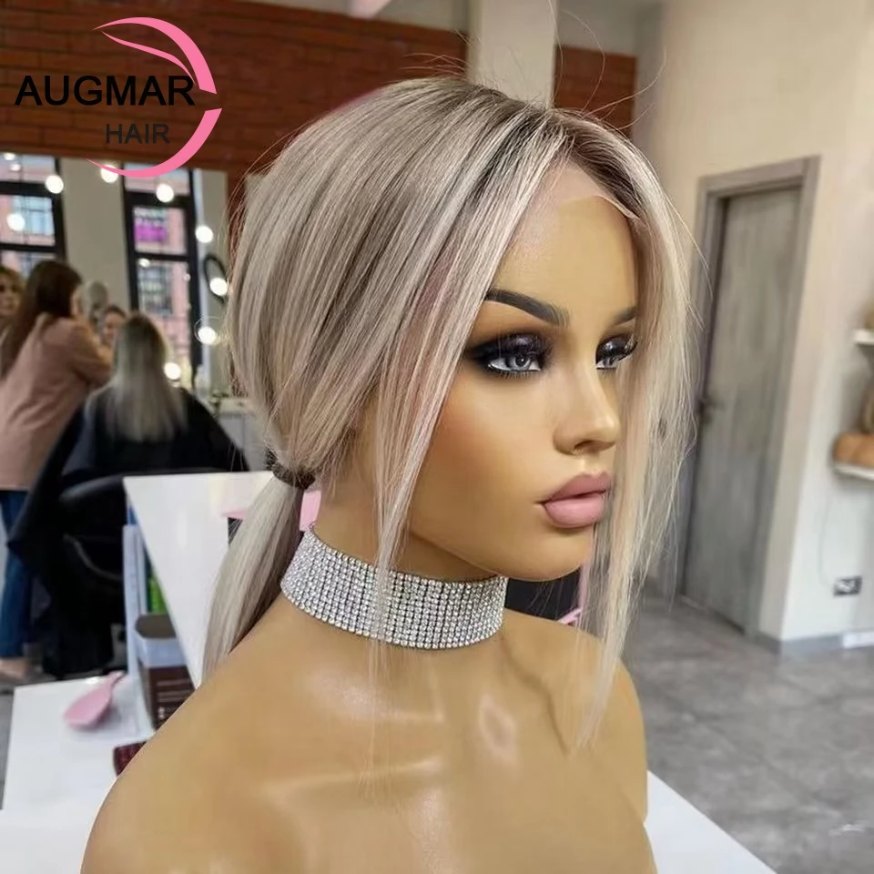 Wig depan renda dasar sutra 13x4 Wig sorot HD coklat abu pirang Wig rambut manusia renda Frontal Wig rambut manusia Bob pendek untuk wanita