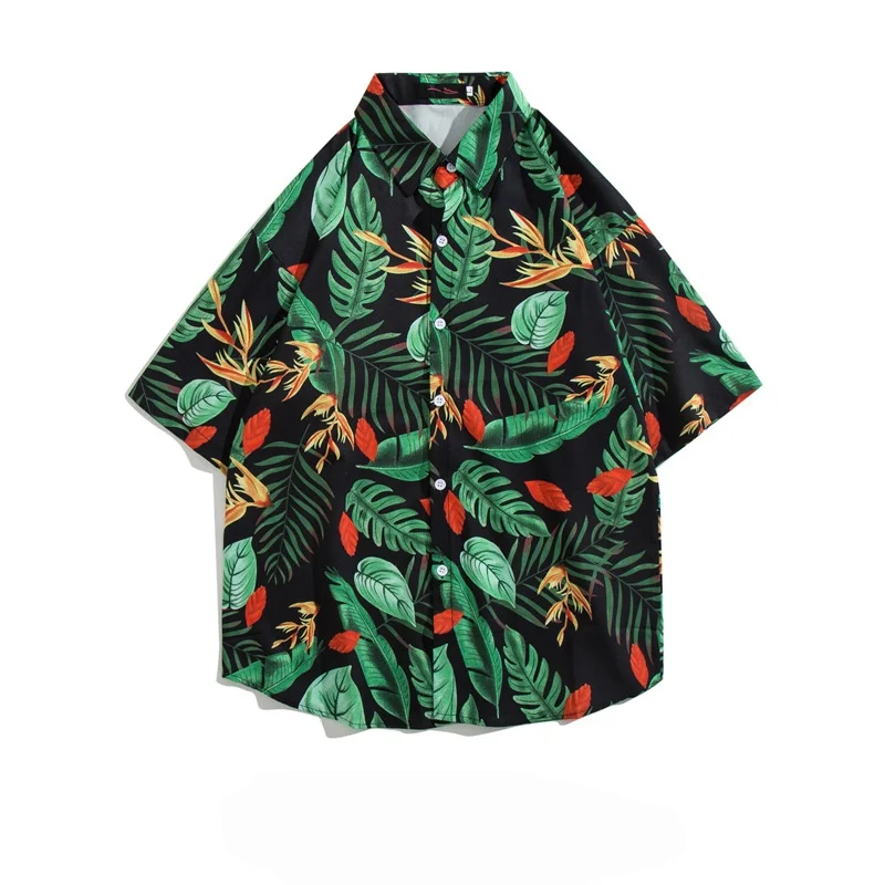 Summer Men's Retro Hawaiian Seaside Beach Printed Short Sleeve Shirt High Street Loose Casual Handsome Half Sleeve Flower Shirt