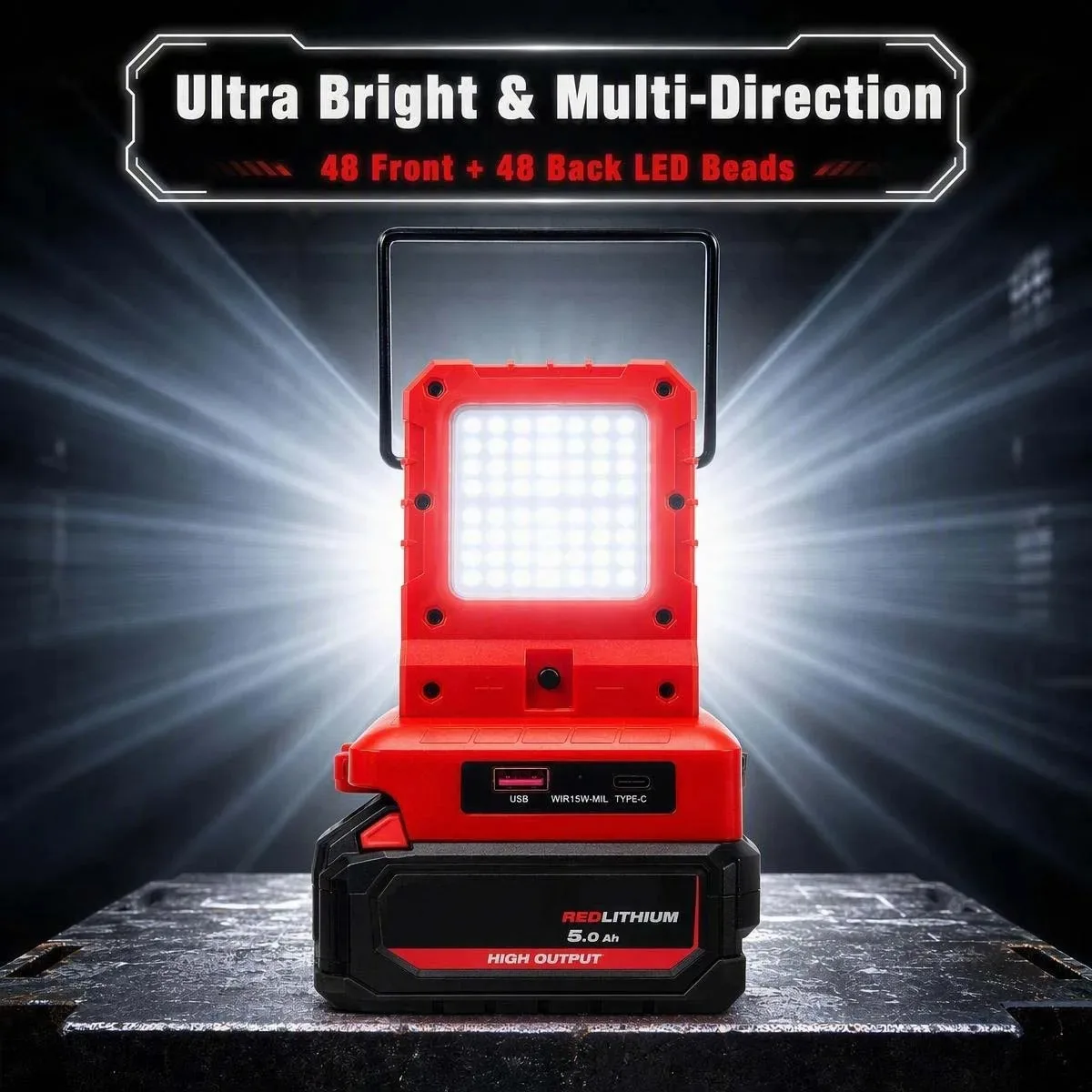15W Cordless Portable Dual-Sided LED Work Light, Compatible for Makita/DeWalt/Milwaukee 18-20V Battery, USB & Type-C Output