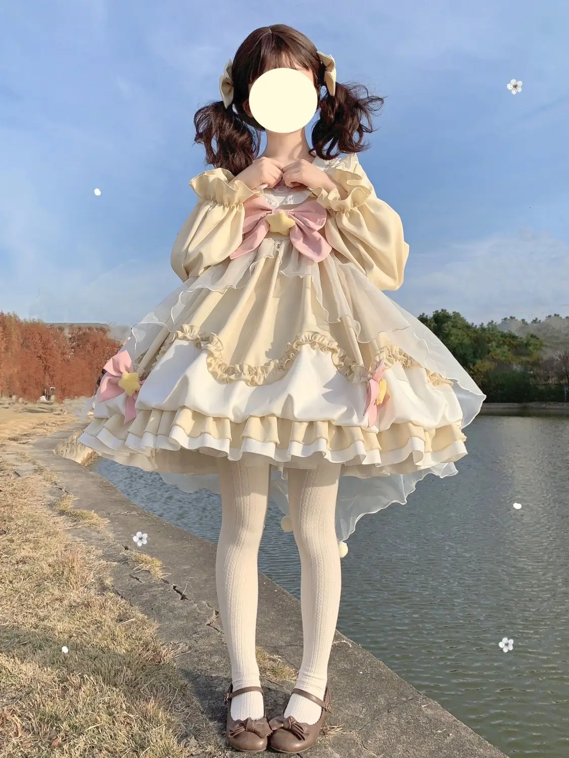 Lolita vestido de vaina de manga larga para niña, cuello azul marino OP, rosa, amarillo, Morado, azul, garra de gato, lazo, estrellas, dulce cumpleaños, diario, Kawaii