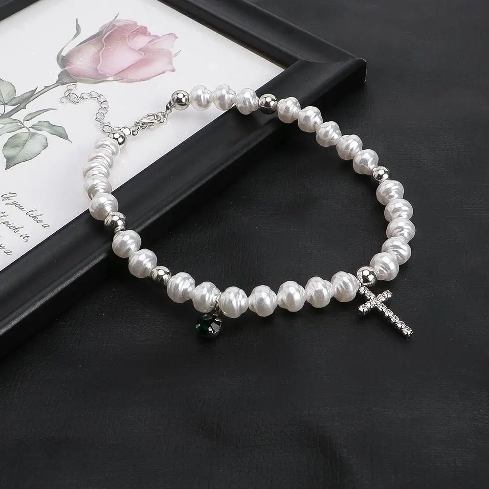 Vintage Pendant Crystal Cross Fashion Neck Jewelry Simulated Pearl Korean Style Necklace Woman Clavicle Choker