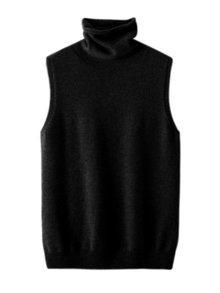 Womens Autumn Winter Sleeveless Turtleneck Pullover Sweater 100% Merino Wool Basic Soft Cashmere Knitwear 2023 New Fashion Tops