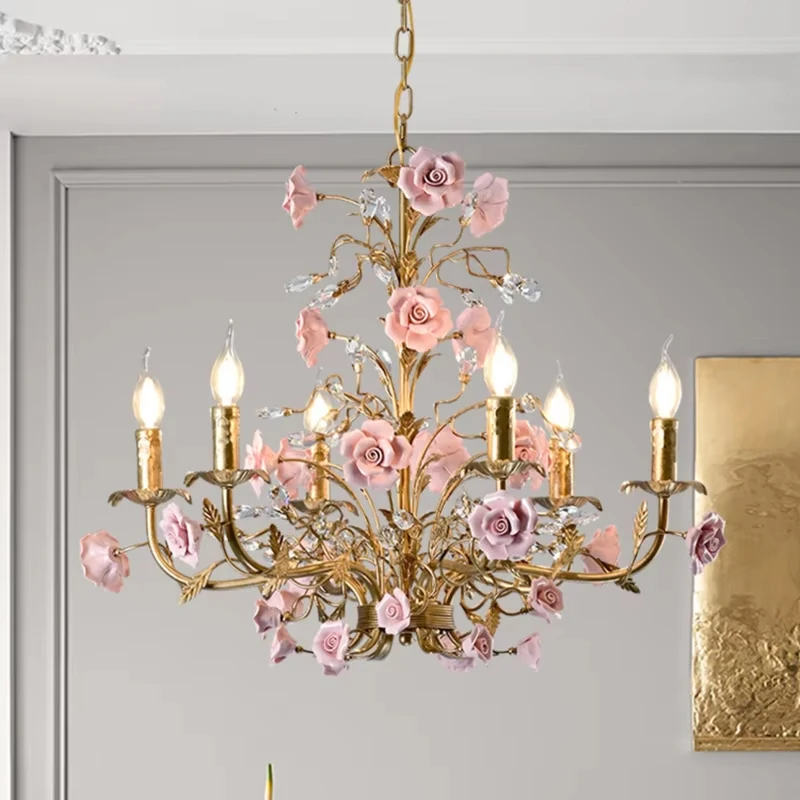 Luxury French Garden Chandelier American Country Villa Living Room Rose Pendant Light Design Retro Candle Bedroom Crystal Lamp