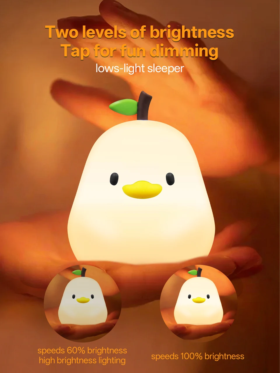 KFV Cute Pear Night Light 7-Color Dimmable Touch-Controlled Night Light Silicone Stress Reducing Pat Duck Lamp USB Rechargeable