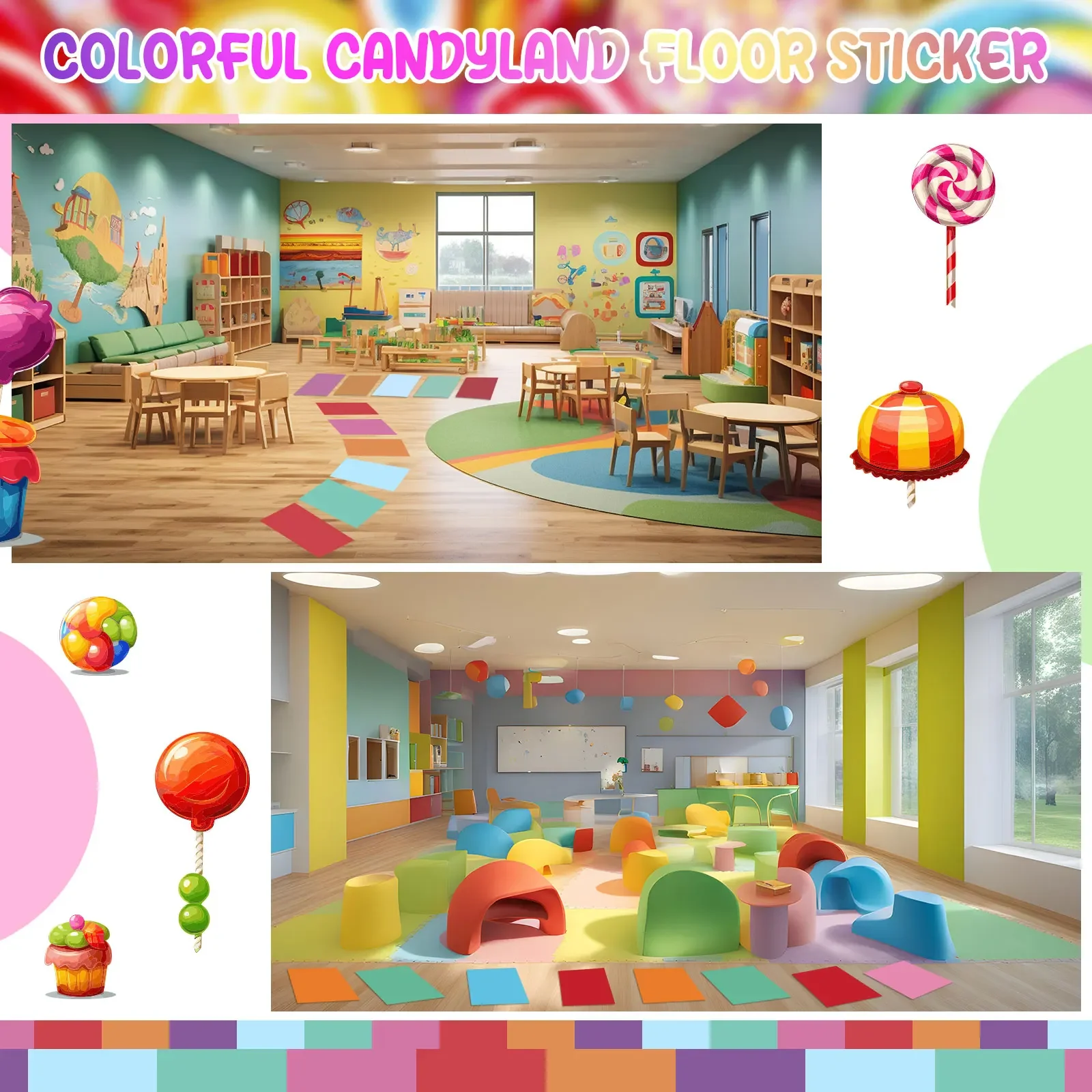 30 قطعة من ملصقات الأرضية البلاستيكية الملونة كاندي لاند تحت عنوان ديكورات الحفلات لون الباستيل كانديلاند المدرج البساط المدخل عداء