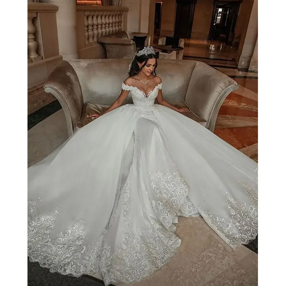 Gorgeous Mermaid Wedding Dresses With Detachable Train for Women 2024 Lace Appliqued Beads V Neck Off The Shouler Bridal Gowns