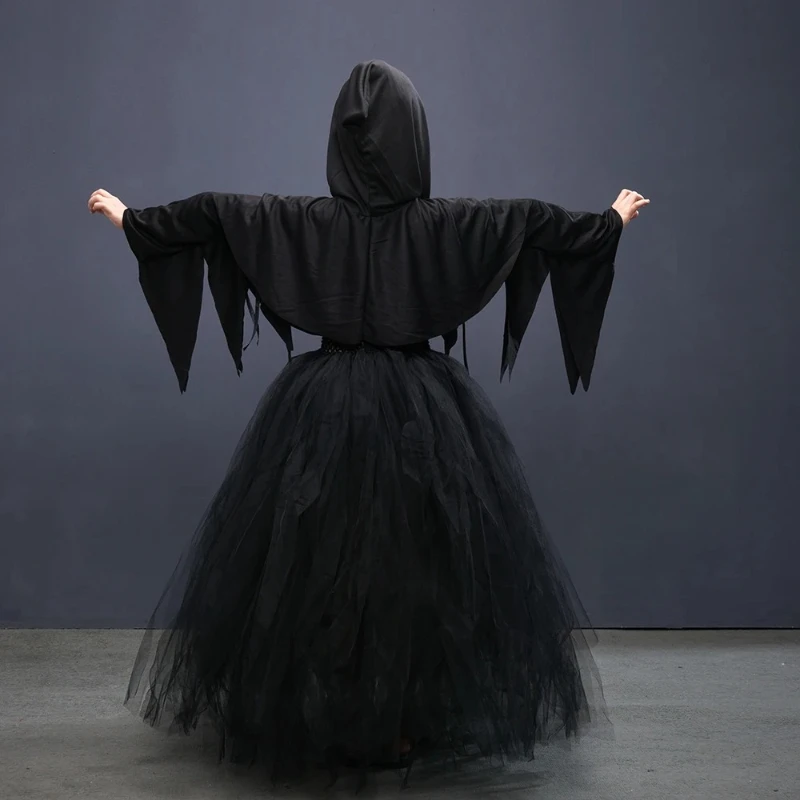 Dark Victorian Sorceress Hood Cloak Tutu Costume Medieval Flared Sleeve Mesh Dress Ideal for Carnival Stage Photoshoot Outfit