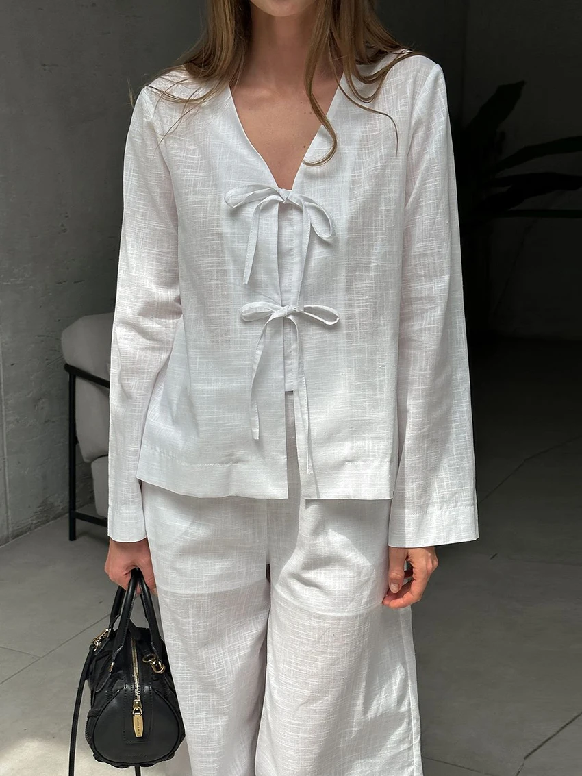 Marthaqiqi Cotton Loose Female Nightwear Set Sexy V-Neck Pajamas Lace Up Nightgowns Pants Casual Women'S Sleepwear 2 Piece Suit