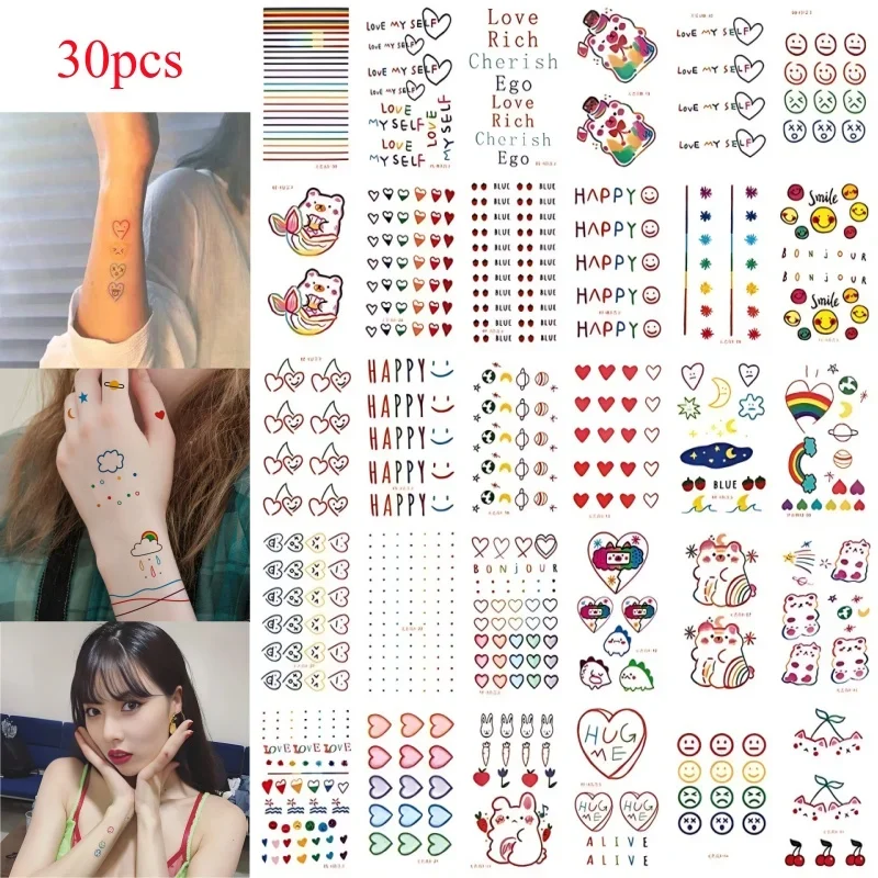 30pcs/set Waterproof Temporary Children Tattoos Bear English Letter Heart Line Rainbow Colorful Tattoo Adhesive for Kids Finger