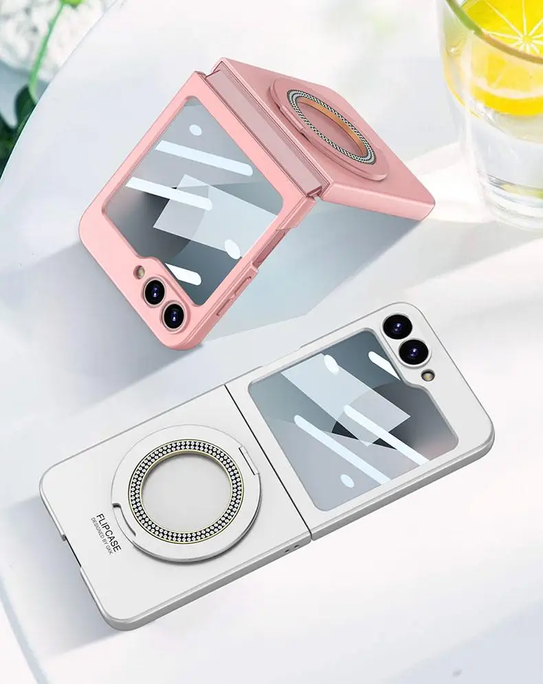 

Fashion Shell Film Integrated Fold Phone Case For Samsung Galaxy Z Flip 5 6 Diamond Inlaid Bracket Anti Shock Protective Cover