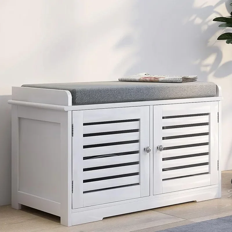 

Shoe Storage Benches White Shoe Rack Bench with 2 Doors & Padded Seat Cushion in Grey Shoe Cabinet