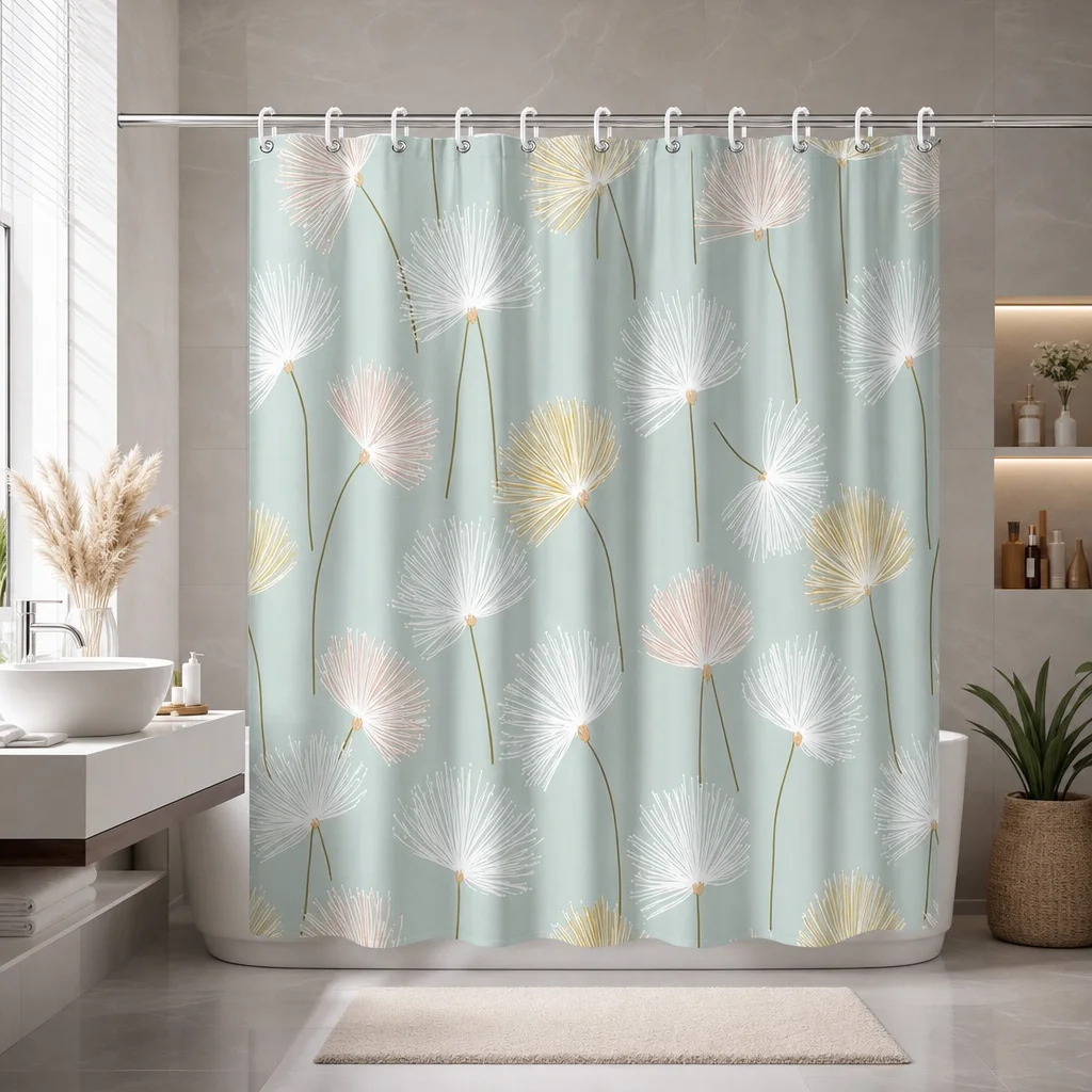 

Seamless Dandelion Shower Curtain White Pink Blooming Flowers Pale Green Minimalist Modern Polyester Bathroom Decor with 12Hooks