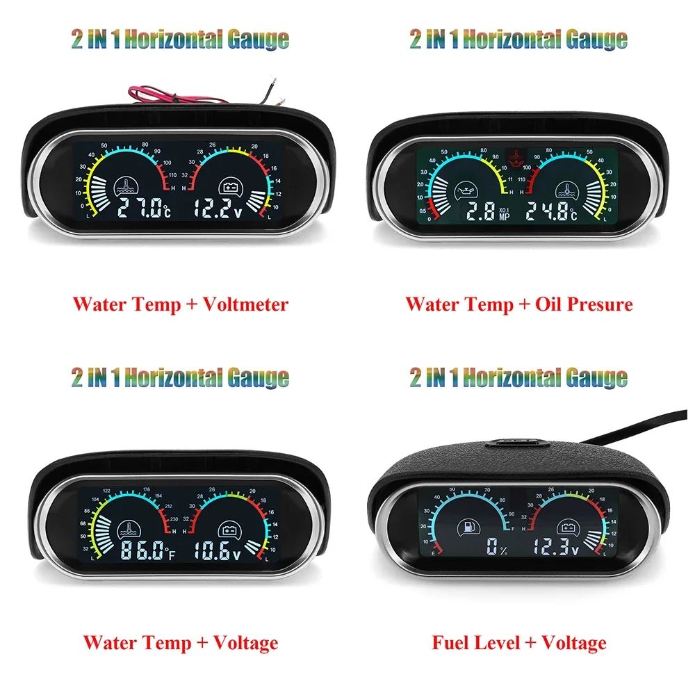 2In 1 Universal Car Horizontal Fuel Gauge & Water Temperature & Voltage 12v Voltmeter Oil Press Digital LCD RPM Tachometer 9~36v