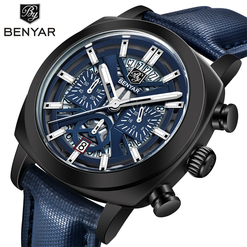 BENYAR New Quartz Watches Quartz Men Luxury Brand Chronograph Male Sport Watches Waterproof Watch Leather strap Relojes Hombre