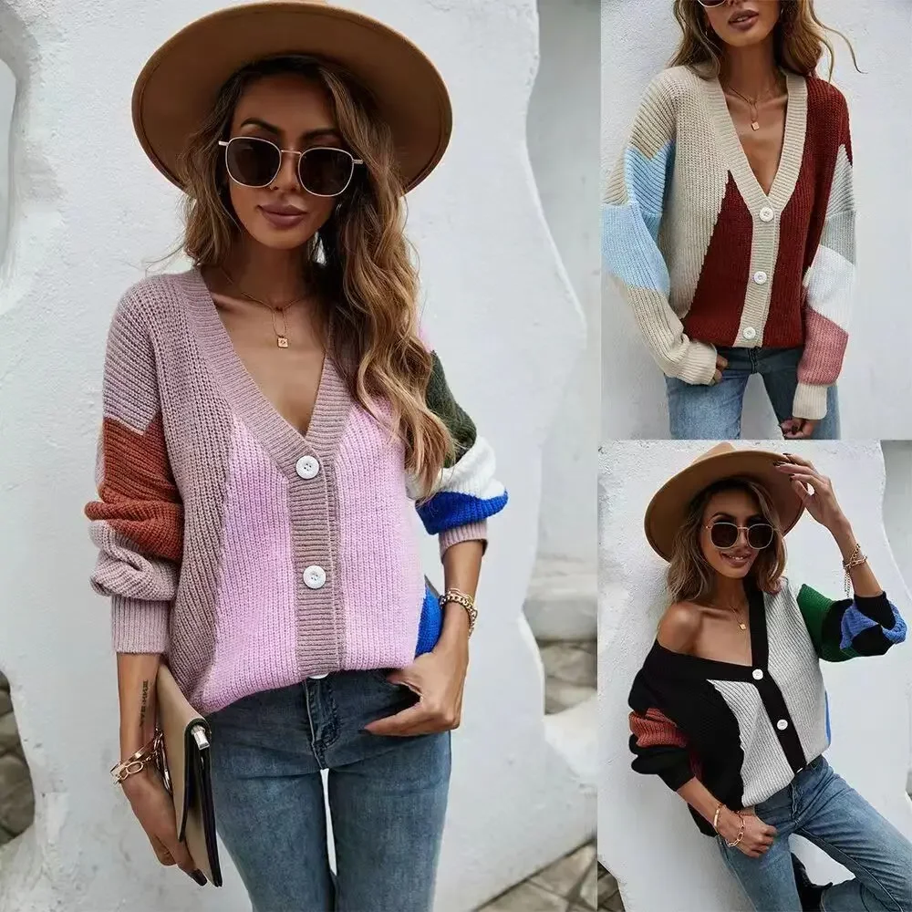 

CPSYMYM V-Neck Color Matching Design Sweater Long-Sleeved Knitted Top Women's Knitted Sweater Cardigan Autumn Winter New Fashion