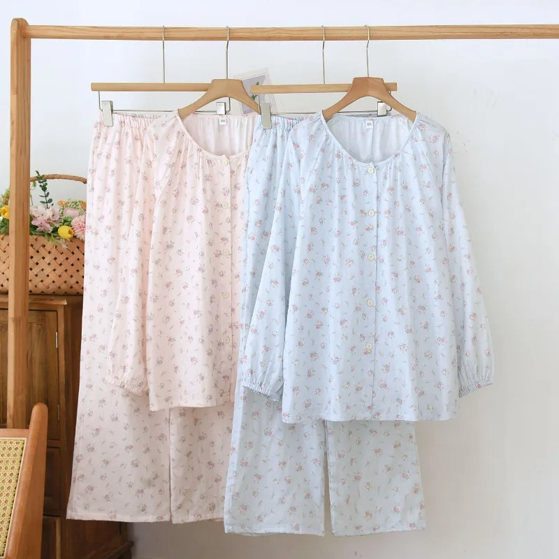 

Новый комплект женской домашней одежды весна-лето 2026: легкий хлопковый костюм из 100% хлопка с длинными рукавами и брюками, две части