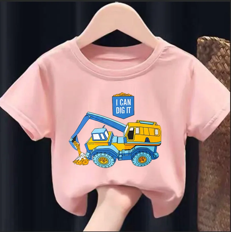 Children's Cartoon Car Short Sleeve T-shirt Excavation Car Printed Top Baby Clothes Children's Fashion Girls Boys Clothes