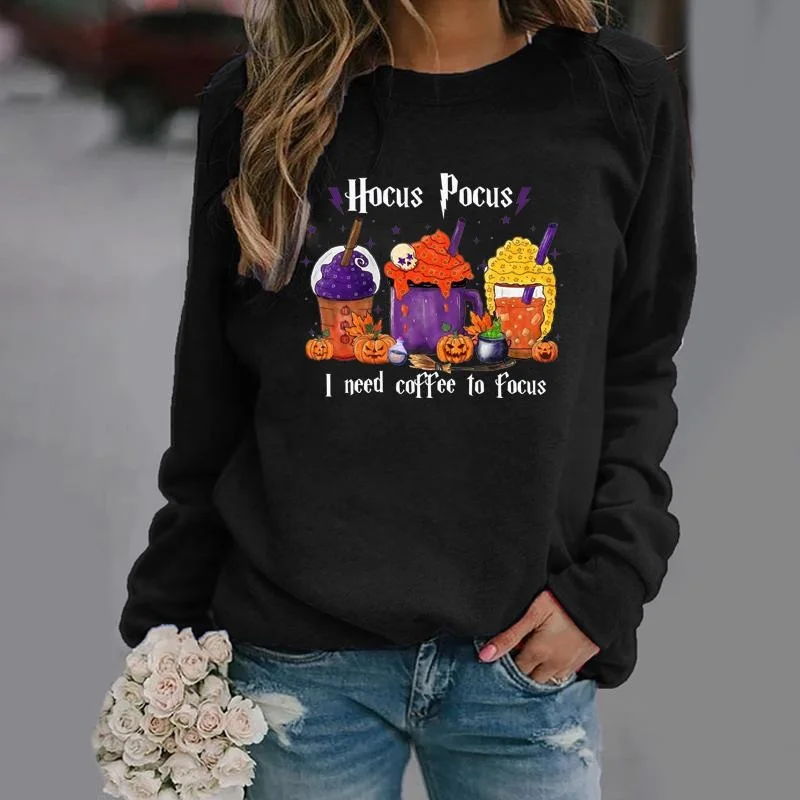 Funny Hocus Pocus I Need Coffee to Focus Printed Pullover Damski spersonalizowany kreatywny sweter na Halloween z długim rękawem i okrągłym dekoltem