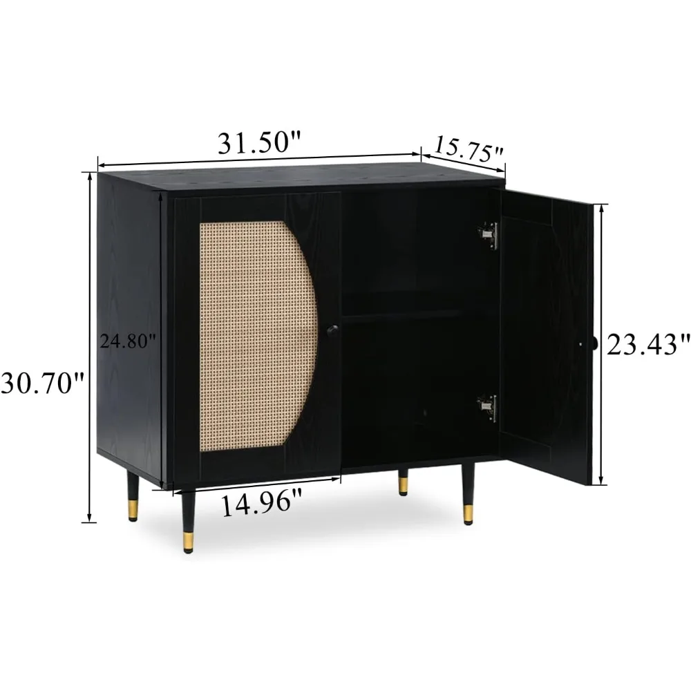 Black Buffet Sideboard Cabinet, Rattan Sideboard with Natural Rattan Doors, Black Rattan Console Table with Storage