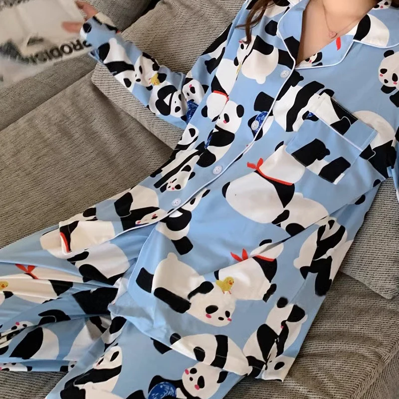 

Kawaii Cute Cartoon Panda Print Women's Pajamas Chinese Style Y2k Milk Silk Female Sleepwear 2024 New Autumn Winter Nightwear