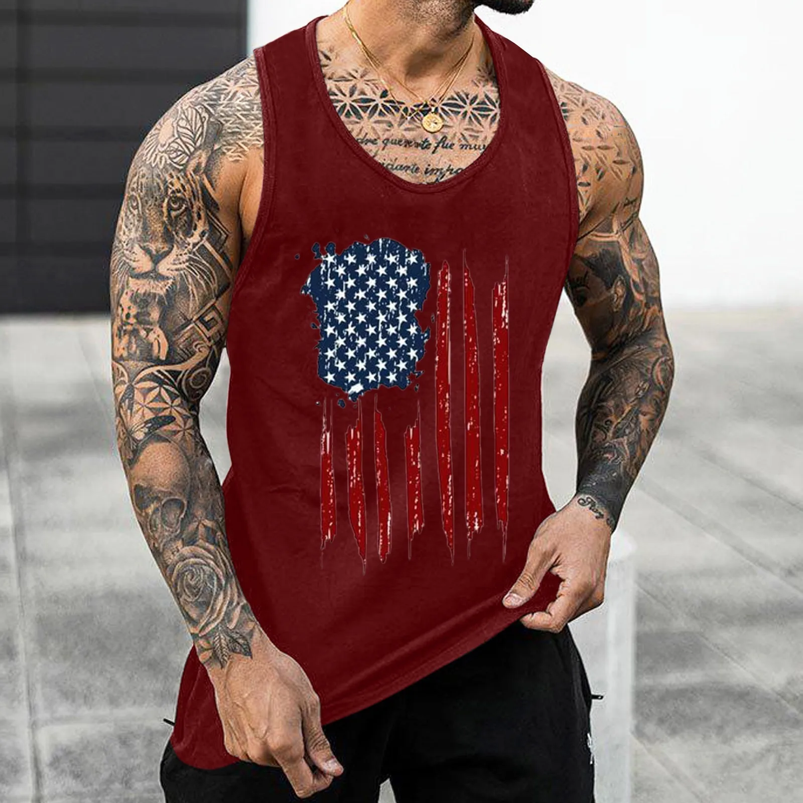 Men‘S Independence Day Summer Tank Top Breathable Casual Sleeveless O-Neck Top Loose Fit Partial Printed Vest Top Men Clothing