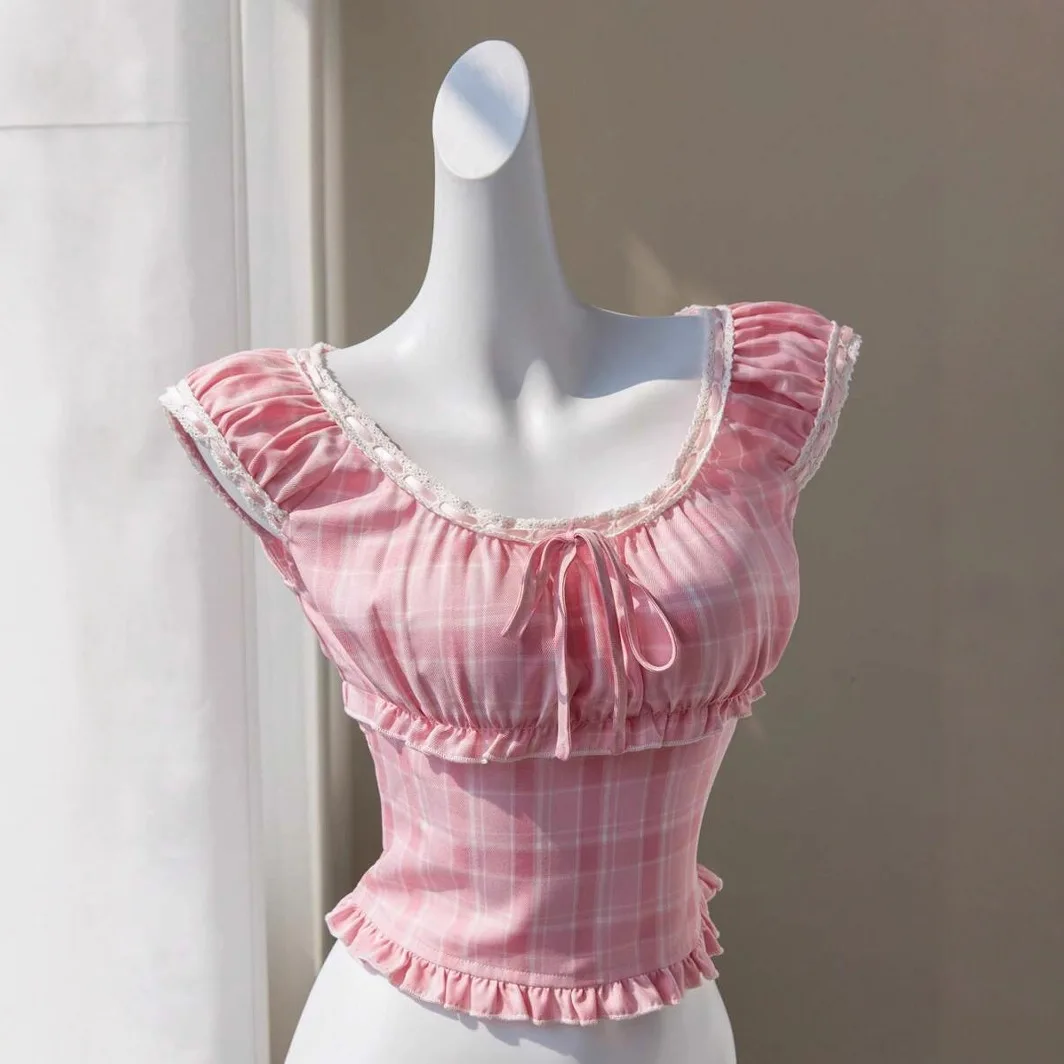 Lace Splicing Bow Strap Plaid Shirt Summer New Lace U-neck T-shirt