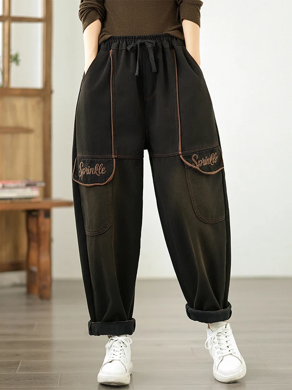 بنطلون جينز نسائي فاخر مبطن بالصوف سميك بتصميم هارلان للخريف والشتاء، طراز جديد كاجوال بأسلوب شخصي عتيق من تسعة أجزاء