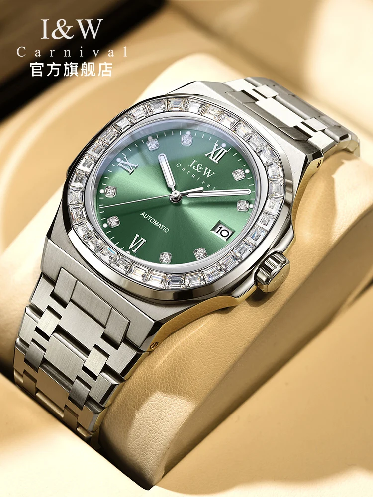 

Luxury Brand Carnival I&W Automatic NH35 Watch for Men Mechanical Rhinestone Waterproof Men's Watches Reloj Hombre Clocks Green