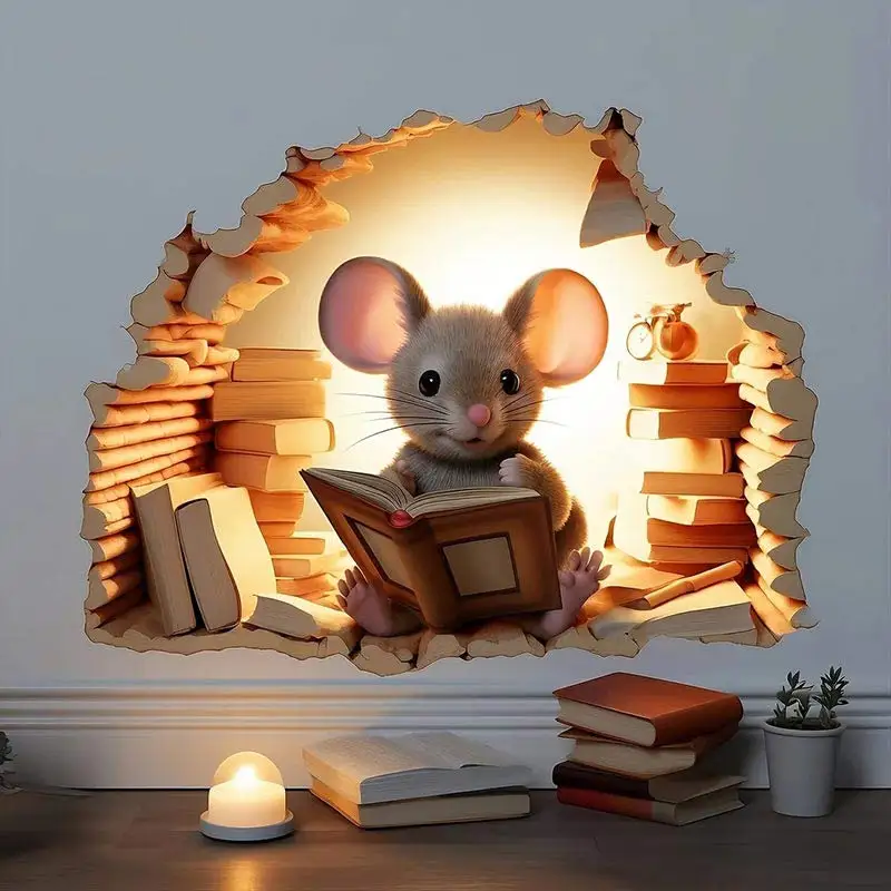 M736 Mouse Hole Wall Sticker, Mouse Book Lover\'s Vinyl Decal, Mouse Reading Decor, Cute Mouse in a Hole, Mouse Sticker