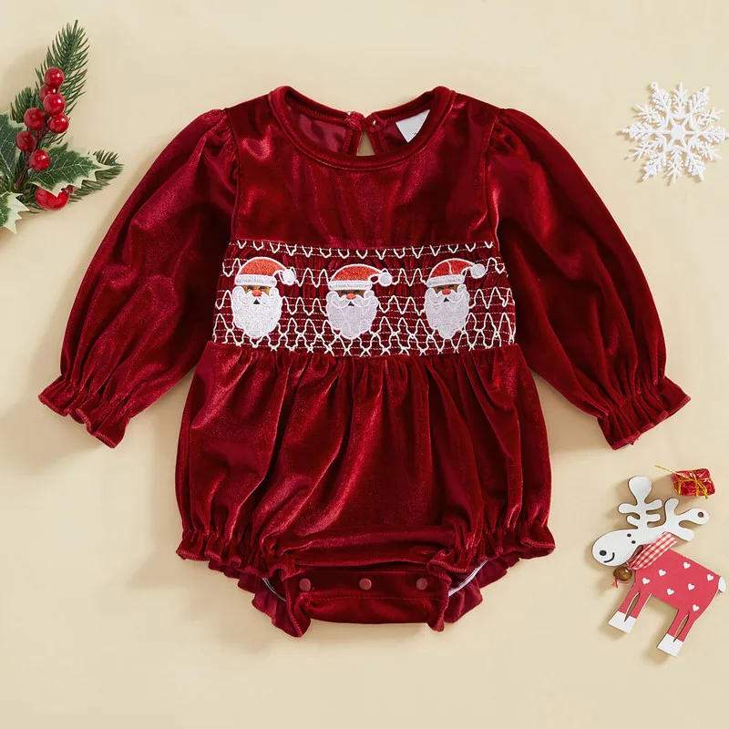 RUEWEY 0 to 18 Months Baby Girls Christmas Bodysuit Long Sleeve Crewneck Santa Claus Embroidery Jumpsuit Baby Clothing