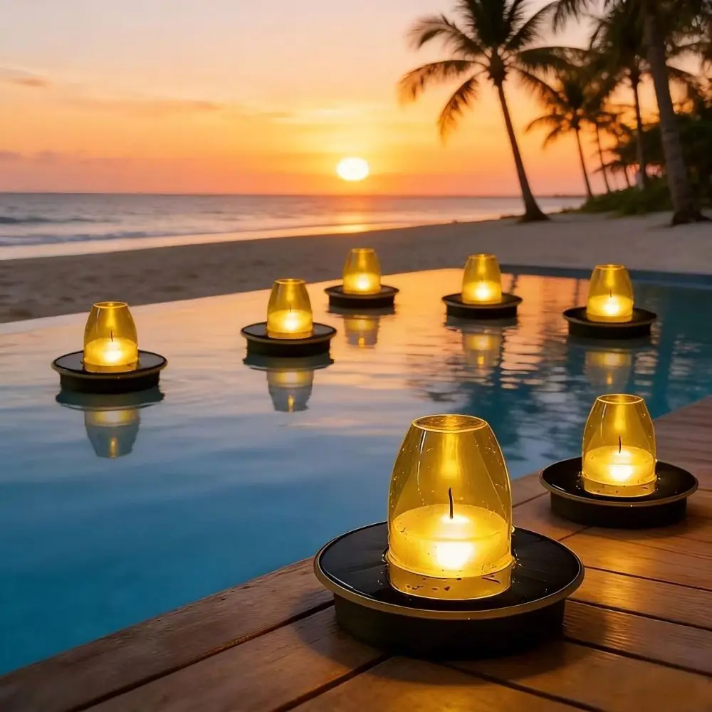 Waterproof Floating Candle Light Luminous Buoyant Solar Floating Candle Lamp Simulated Flame Amber Cover